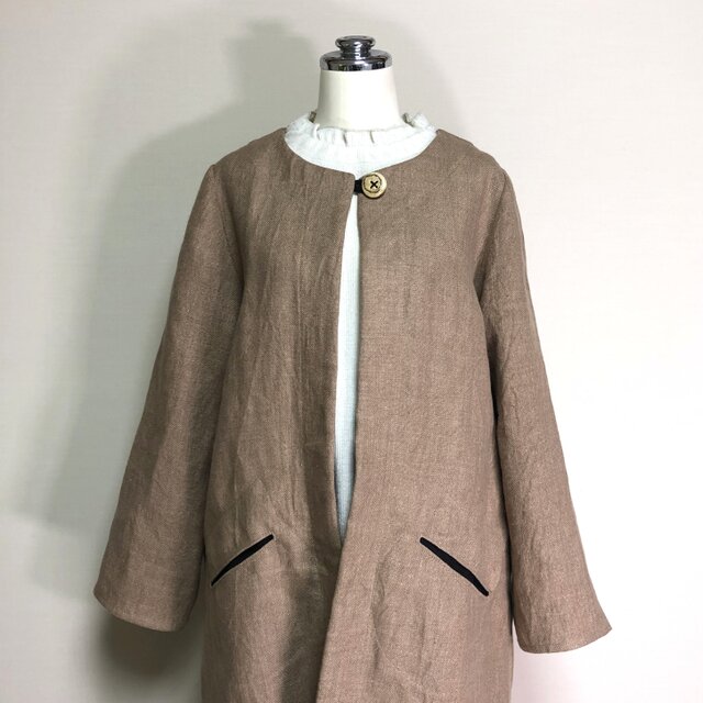 リネンのロングコート 猫ポケ【ドンゴロス・カフェラテ】厚手リネン100
