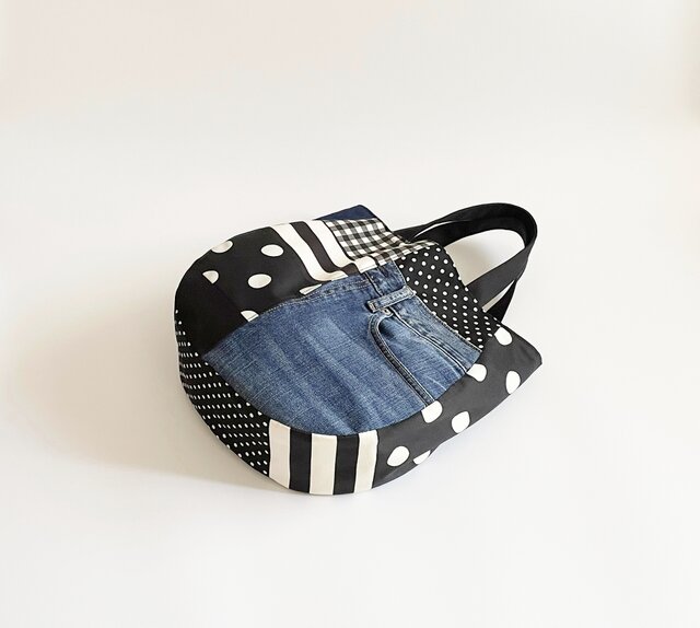 1点限定】デニム パッチワークバッグ（ドット・チェック・ボーダー・A4