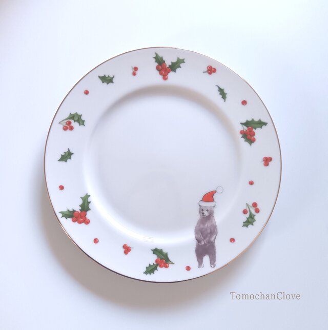 くまさんのサンタ帽子プレート　1枚