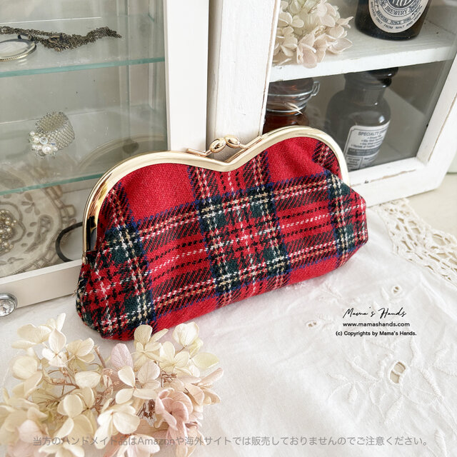 数量限定☘️《英国調 チェック》赤 ウール ハート がま口 コスメ メガネケース ポーチ ♥