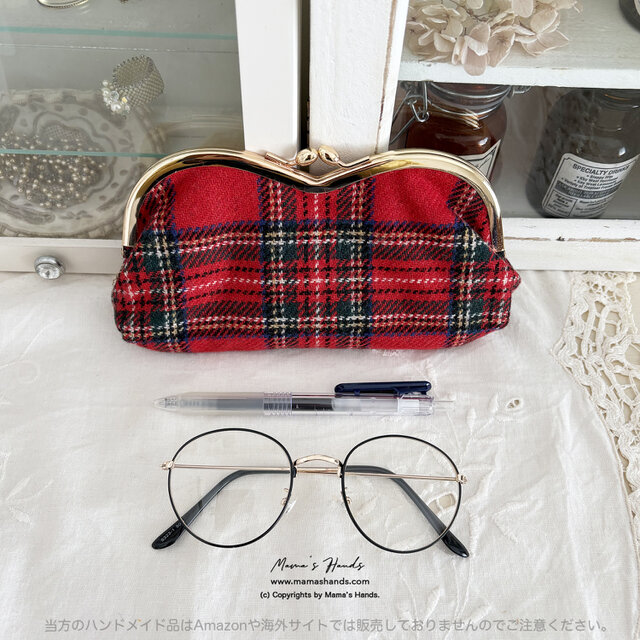 数量限定☘️《英国調 チェック》赤 ウール ハート がま口 コスメ