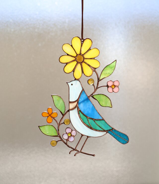 青い小鳥とイロトリドリのお花 ✤《ステンドグラス》 | iichi 日々の