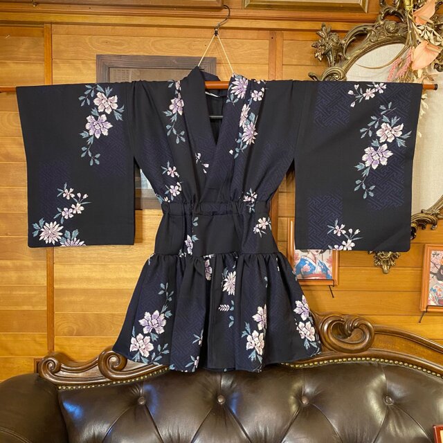 着物 ミニ丈 ワンピース ドレス 和ロリ 2部式作り帯 名古屋帯 リメイク
