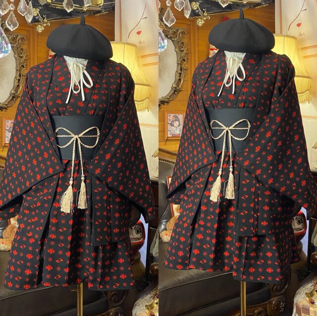 着物リメイクミニミディワンピース アンサンブル 帯サッシュベルト付き 和洋折衷 ハンドメイド レトロ 古着 朱赤×菜の花イエローの“かすれ格子 aKW-103 着物リメイクミニミディワンピース アンサンブル 帯サッシュベルト付き