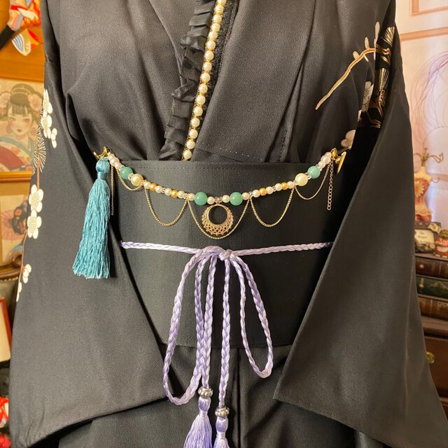 帯飾り 天然石 和洋折衷 和ロリータ ハンドメイド アクセサリー  幸運のアベンチュリンと金装飾が結ぶ、和のラグジュアリー Q-6 帯飾り 天然石 和洋折衷 和ロリータ ハンドメイド アクセサリー 幸運の