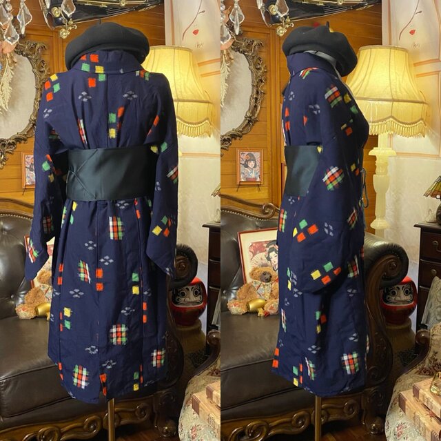 和洋折衷ワンピース 着物アンサンブル ミニミディ 名古屋帯サッシュベルト付き ハンドメイド レトロ 古着 菱形エキゾチック aKW-134 リメイク着物ワンピース セミロング アンサンブル 名古屋帯サッシュ