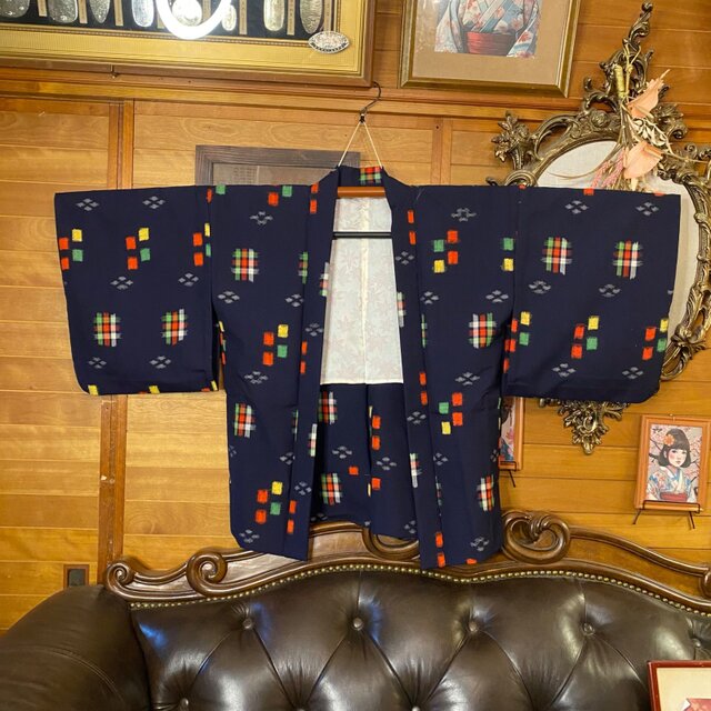 和洋折衷ミニミディワンピース 着物アンサンブル 名古屋帯サッシュベルト付き ハンドメイド レトロ 古着 瑠璃の静寂 × 黄紅白花の彩り絣 aKW-156 和洋折衷ミニミディワンピース 着物アンサンブル 名古屋帯サッシュ