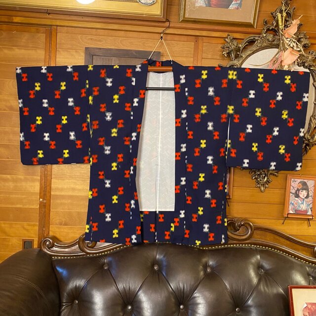 和洋折衷ワンピース 着物アンサンブル セミロング 名古屋帯サッシュベルト付き ハンドメイド レトロ 古着 藍の夜空 × 密やかに咲く彩り絣花 aKW-150 和洋折衷 古着 アンサンブル 着物 和 ハンドメイド リメイク