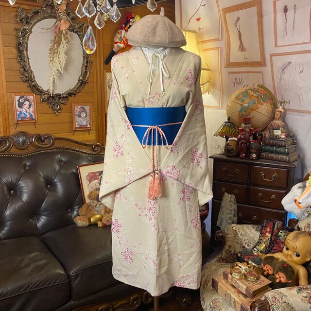 着物リメイク ミニミディワンピース ドレス 洗える 化繊 帯サッシュ