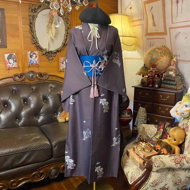 着物リメイク ロングワンピース ドレス 洗える 化繊 名古屋帯サッシュ