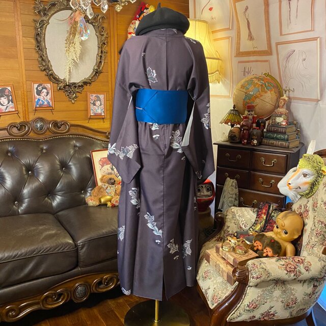 着物リメイク ロングワンピース ドレス 洗える 化繊 名古屋帯サッシュ