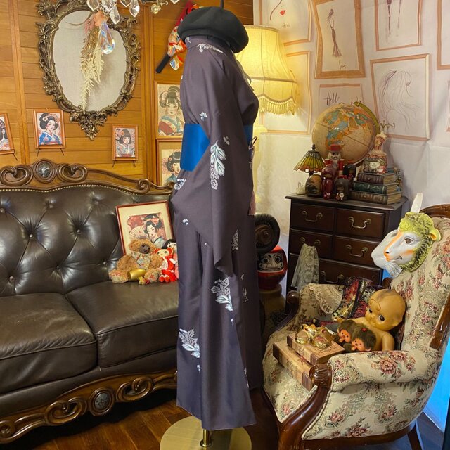 着物リメイク ロングワンピース ドレス 洗える 化繊 名古屋帯サッシュ