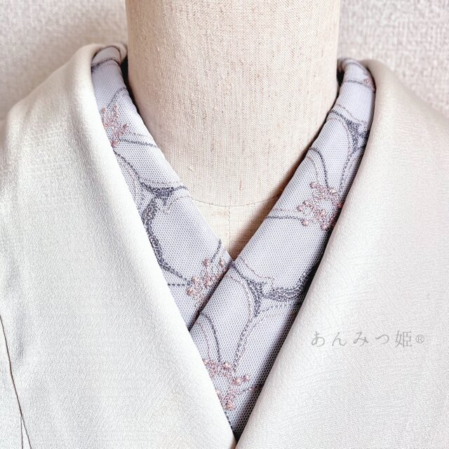 洗える刺繍半衿 灰青ラメ