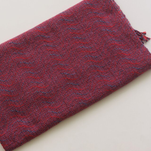 手織りカシミアストール・・赤と青の波