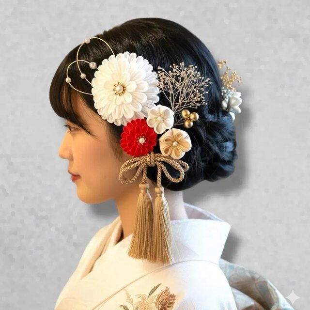 和装 髪飾り つまみ細工｜赤×白　大輪花ヘッドドレス　成人式・卒業式・前撮り　
