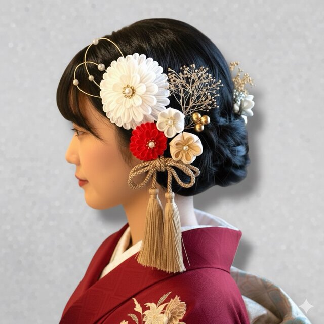 つまみ細工 ヘッドドレス 成人式等に 洋風つまみ細工＊髪飾り・ヘッドドレス【青緑と水色と黒】絢爛セット