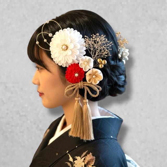 和装 髪飾り つまみ細工｜赤×白 大輪花ヘッドドレス 成人式・卒業式