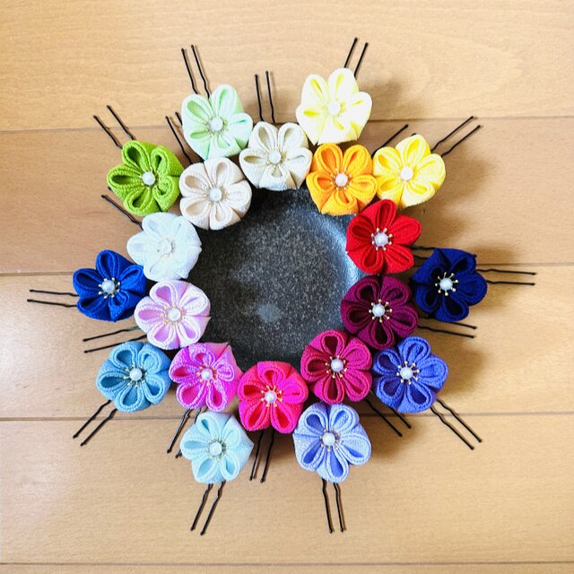 つまみ細工　バラ売り用　2重丸つまみ　お花　カラー　七五三　753 髪飾り　かんざし　卒業式　一輪挿し　