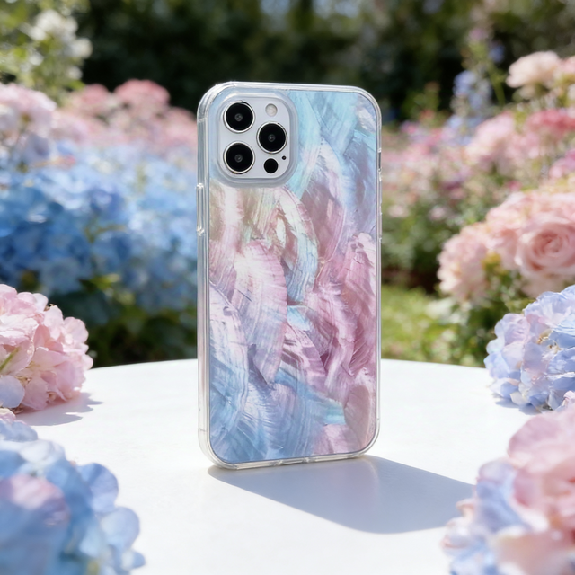 iPhone 17 16 15 14 13 ケース 螺鈿風 天然貝シェル 紫陽花 全機種対応 ソフト 耐衝撃カバー ケース