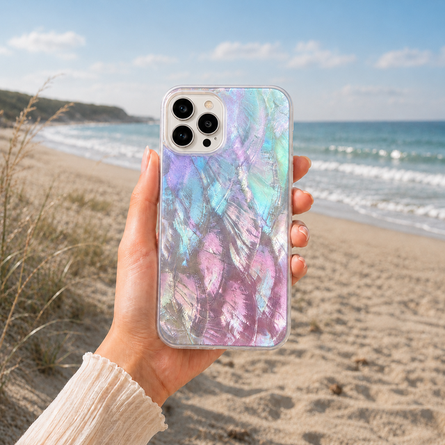 紫陽花色の天然貝シェル iPhoneケース｜螺鈿風・耐衝撃｜17〜13対応