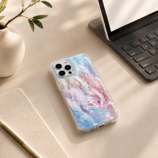 紫陽花色の天然貝シェル iPhoneケース｜螺鈿風・耐衝撃｜17〜13対応