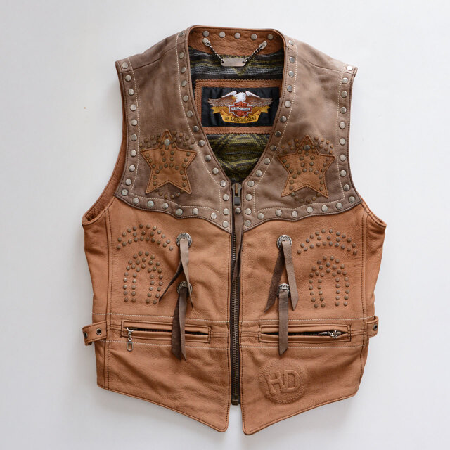 ハーレーダビッドソン レザー ベスト ヴィンテージ スタッズ コンチョ 星型レザーパッチ HD バイカー