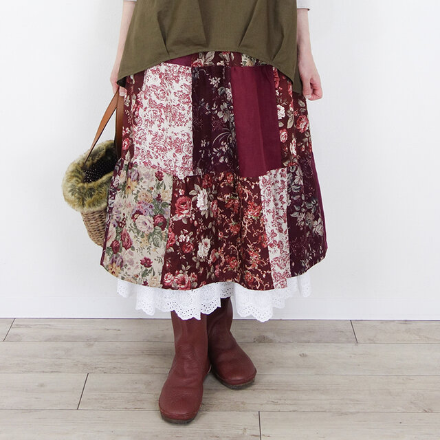 リネンパッチティアードスカート☆アンティークボルドーフラワー
