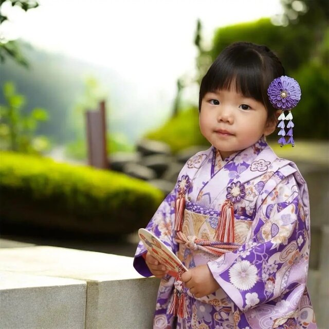 七五三 髪飾り つまみ細工　藤色×白の上品セット｜大輪7cm・小花・和玉・下がり付き｜七五三 3歳・7歳　