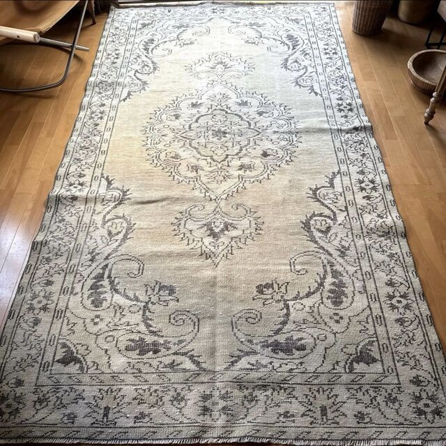 大判147×272淡いベージュ×こげ茶 メダリオン トルコヴィンテージラグ