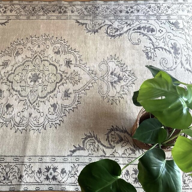 大判147×272淡いベージュ×こげ茶 メダリオン トルコヴィンテージラグ