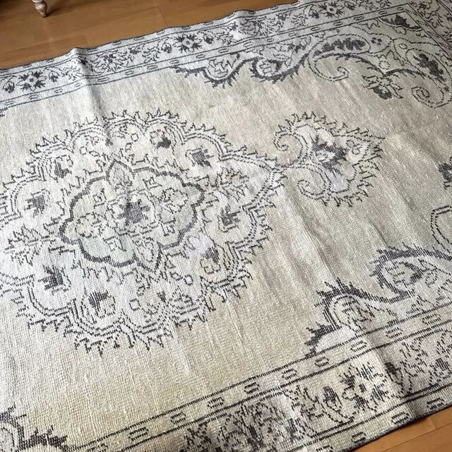 大判147×272淡いベージュ×こげ茶 メダリオン トルコヴィンテージラグ