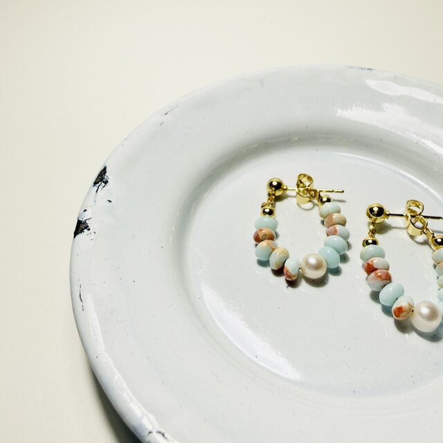 (一点物)天然石マーブル＋淡水パールのピアス