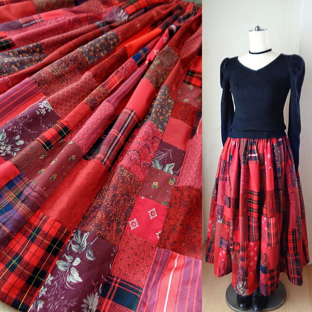 O様ご予約品 1点もの 絵画なパッチワーク♥DeepRed♥大人の上質チェック＆フラワー♥ギャザースカート