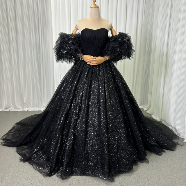 豪華！パーティードレス ブラック フリル袖 キラキラチュール プリンセスライン ロングトレーン 編み上げ 披露宴
