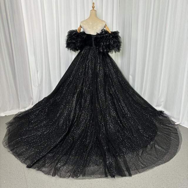 豪華！パーティードレス ブラック フリル袖 キラキラチュール