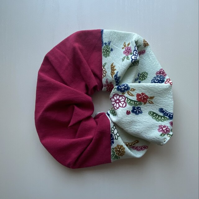 着物リメイクシュシュ⑦（レッド×ライトグリーン）