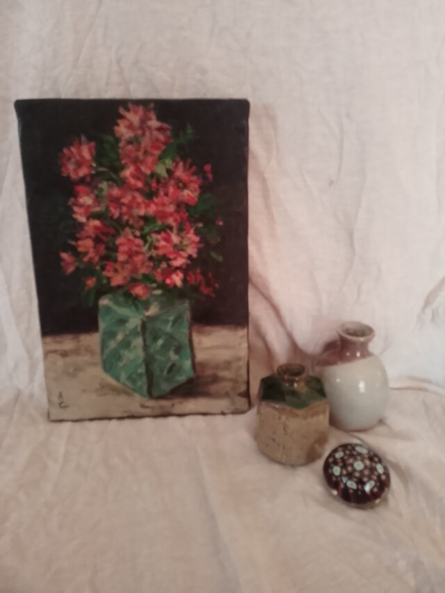 オリジナル油絵。アスターと花瓶。