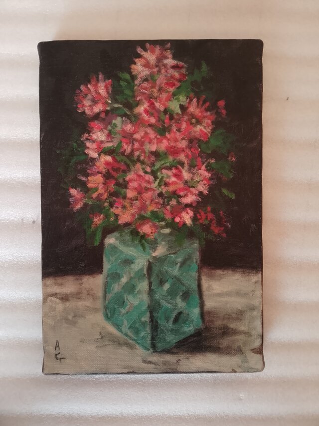 オリジナル油絵。アスターと花瓶。 | iichi 日々の暮らしを心地よく