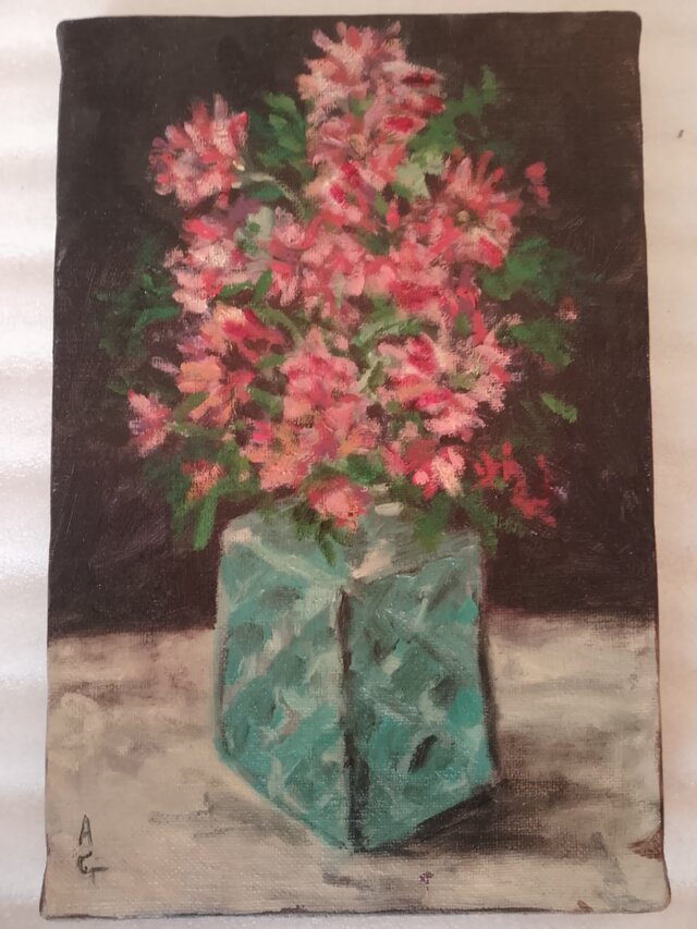 オリジナル油絵。アスターと花瓶。 | iichi 日々の暮らしを心地よく