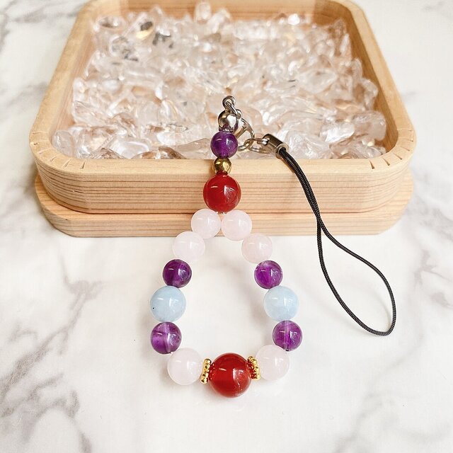 ご縁を引き寄せ、結婚へ 赤メノウ ローズクォーツ アメジスト アクアマリン パワーストーン 天然石 ストラップ No241S