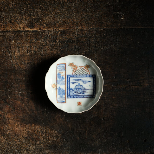 お正月に◆花と山水図。伊万里　色絵印判金彩小皿　骨董/antiques 古美術　鳥 弓月　明治〜大正期