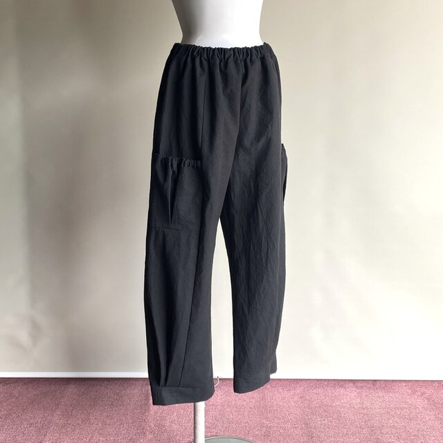 佐々木洋品店さん ビンテージリネン サイドポケットギャザー サルエルパンツ(黒) ササキチホ】アンティークリネン サイドギャザー ボリュームサルエル