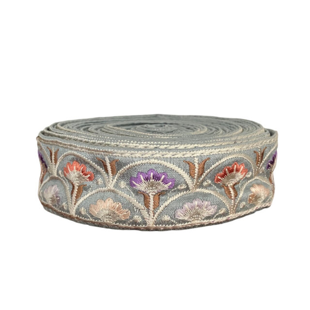 インド刺繍リボン50cm切り売り フォークロア フラワーステム ブルー 3.8cm幅 花 HC R-0820