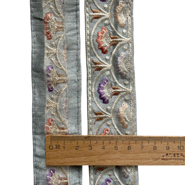 インド刺繍リボン50cm切り売り フォークロア フラワーステム ブルー