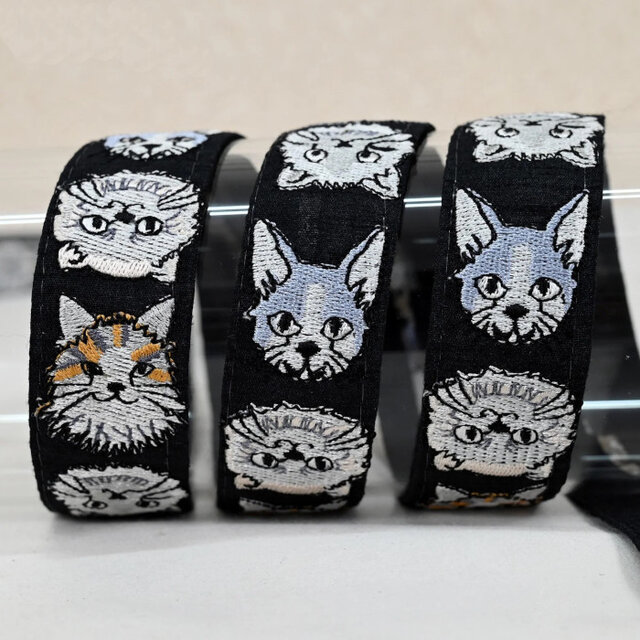 インド刺繍リボン50cm切り売り キャットフェイスM ブラック 3.5cm幅 HC 猫 ねこ R-0812