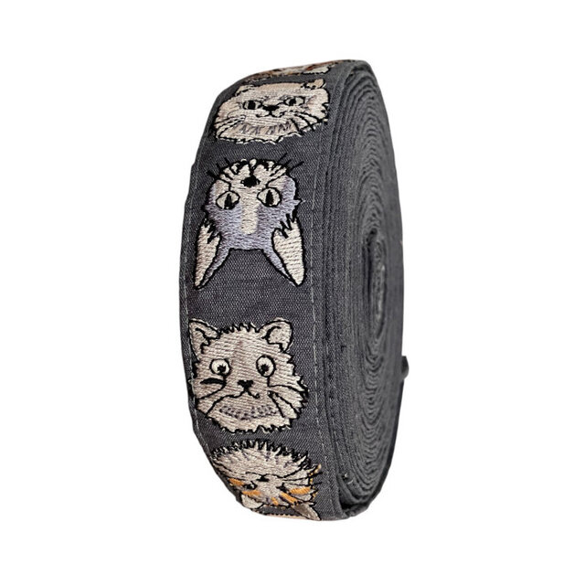 インド刺繍リボン50cm切り売り キャットフェイスM ブラック 3.0cm幅 HC 猫 ねこ R-0812のコピー