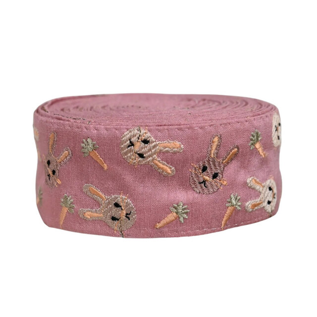 インド刺繍リボン50cm切り売り うさぎとニンジン ピンク 5cm幅 HC ラビット バニー 兎 R-0806
