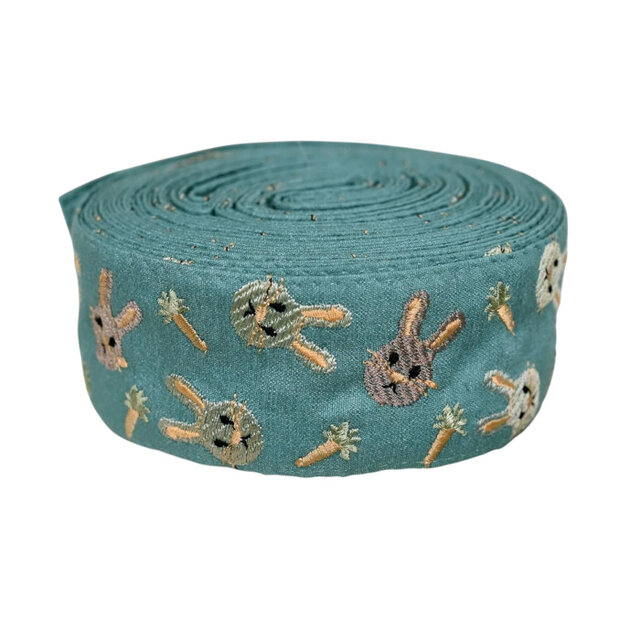 インド刺繍リボン50cm切り売り うさぎとニンジン ブルー 5cm幅 HC ラビット バニー 兎 R-0808