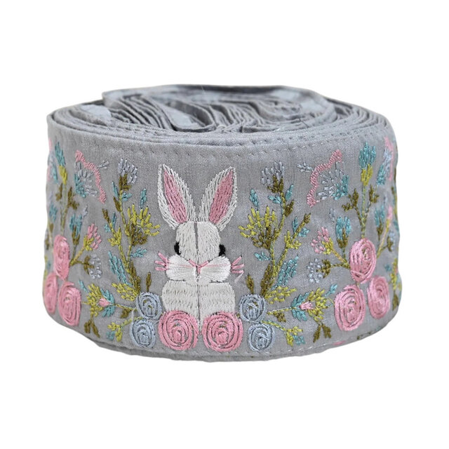 インド刺繍リボン50cm切り売り 花園の白さぎ グレー地 8cm幅 HC ラビット バニー 兎 R-0810