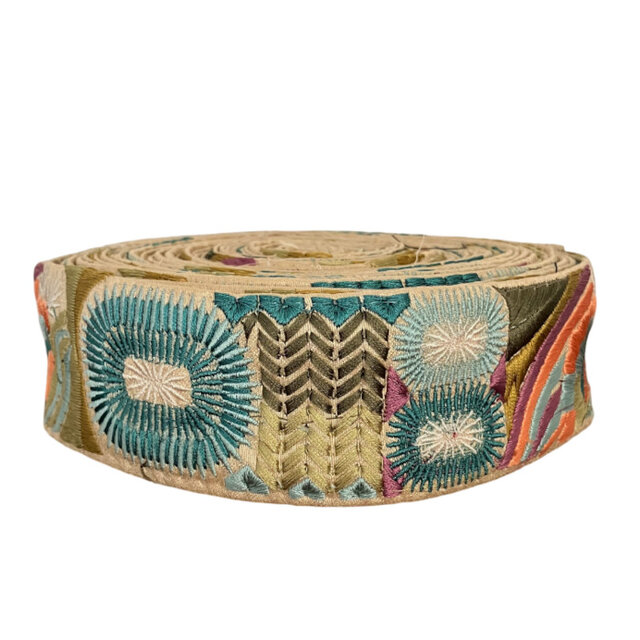 インド刺繍リボン50cm切り売り ボーホーフラワー ターコイズ 4.6cm幅 花 HC R-0817